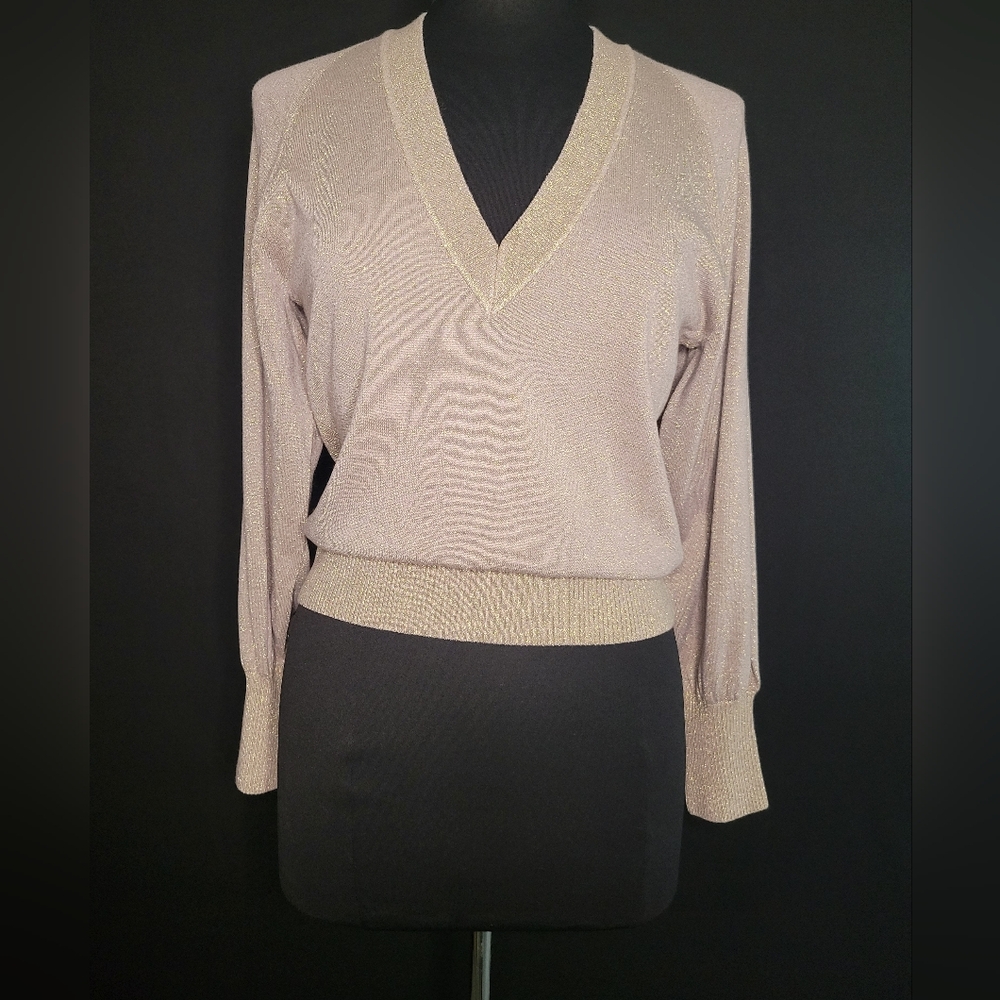 White + Warren Mauve Lurex Shine Deep V-Neck Gold Shimmers Ribbed Detail